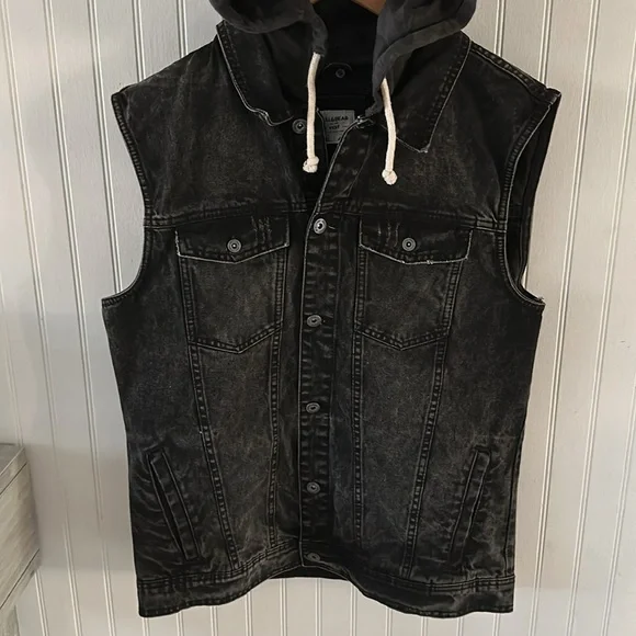Pull & Bear Charcoal Gray Denim Hooded Vest Jacket XL - Picture 4 of 11